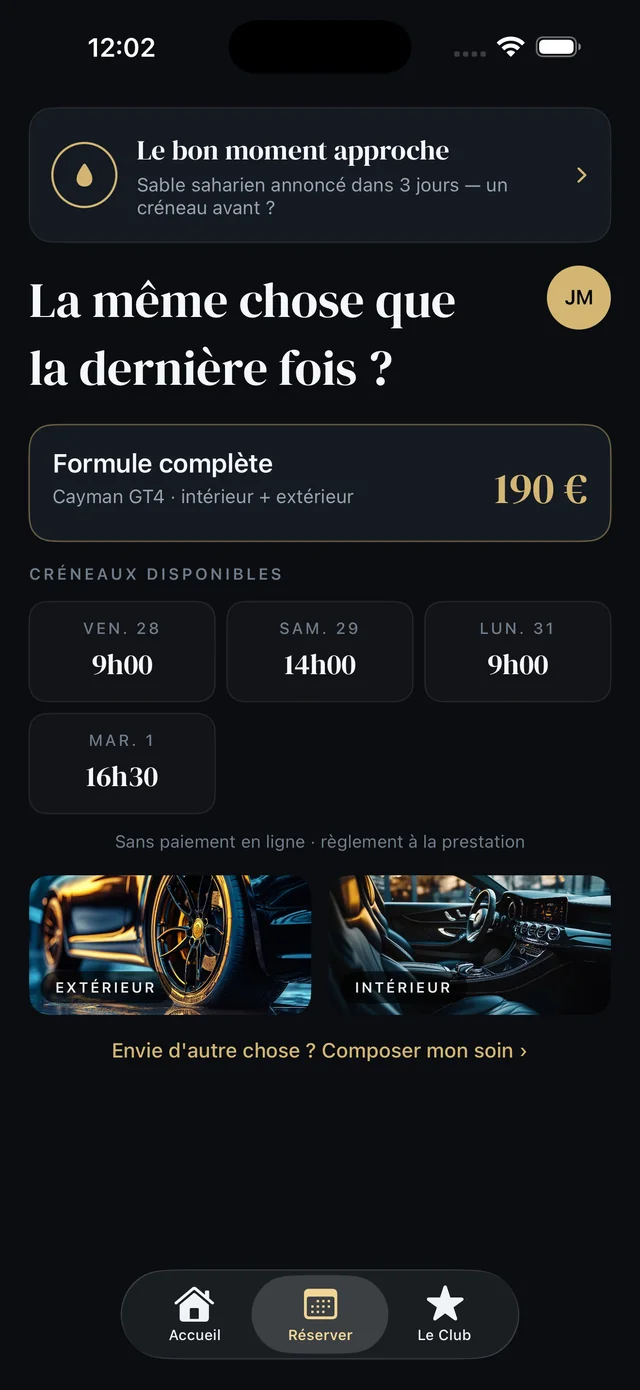 L'écran de réservation d'un créneau dans l'application