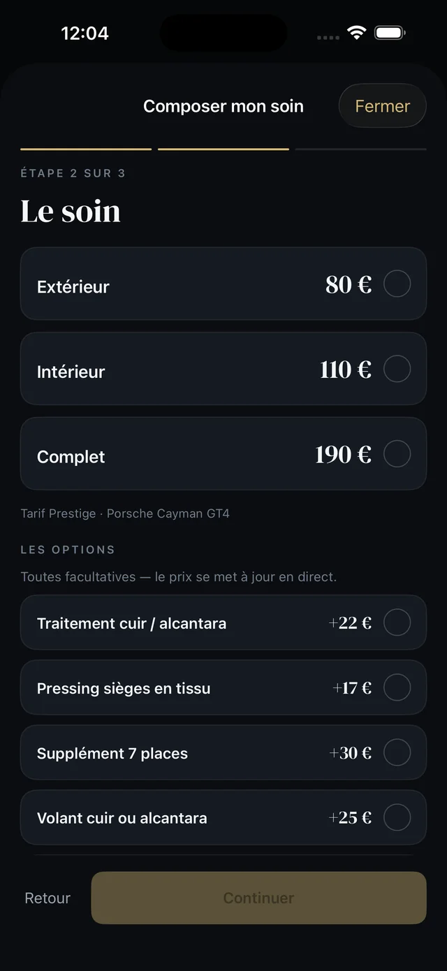 L'écran de composition d'un soin dans l'application La Clean Touch